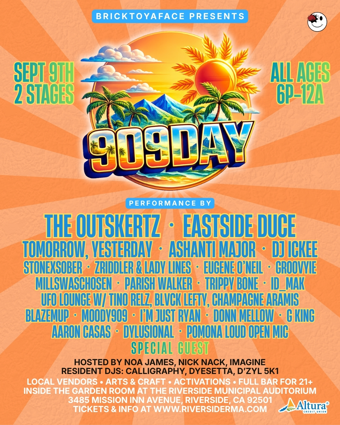 909 Day 2026 event flyer with the complete performer lineup
